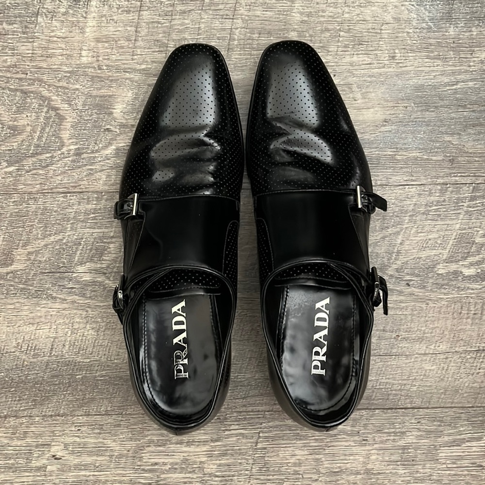 PRADA Mens Black Leather Double Monk Strap Dress Shoe US8.
